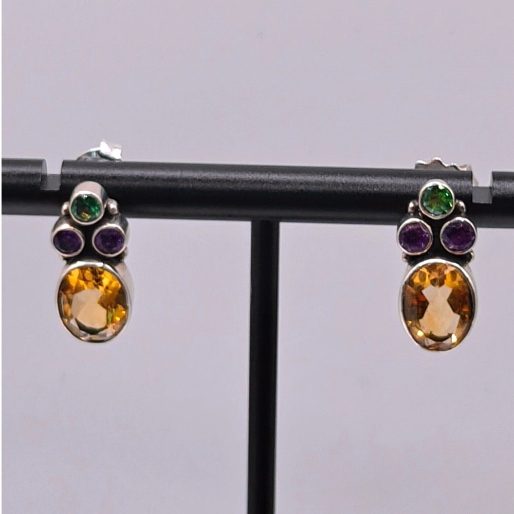NB India 925 Sterling Silver Citrine Amethyst Green Gemstone Cluster Earrings